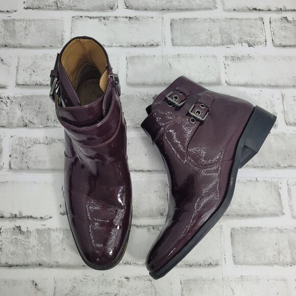 Franco Sarto Patent Leather Riddick Wine Burgundy Purple Booties Buckles Size 6 - Picture 1 of 9